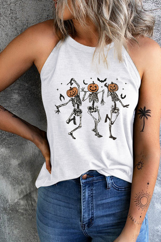 Round Neck Dancing Pumpkin Head Skeleton Graphic Tank - AllIn Computer