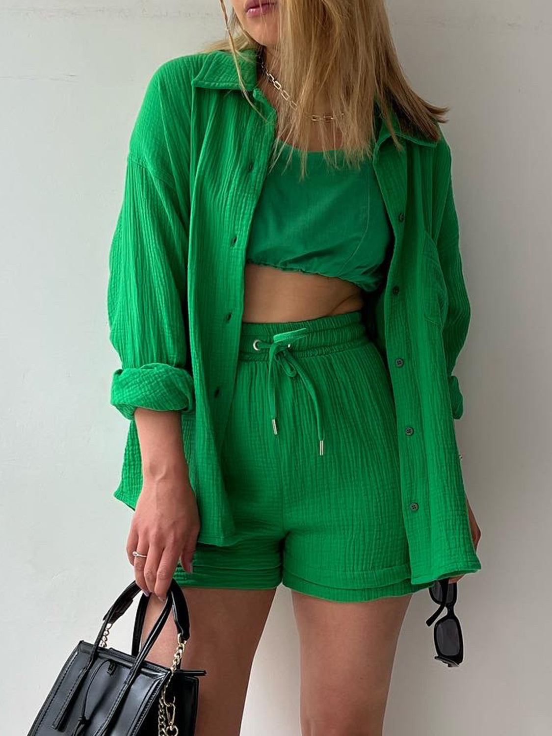 Texture Button Up Shirt and Drawstring Shorts Set - AllIn Computer