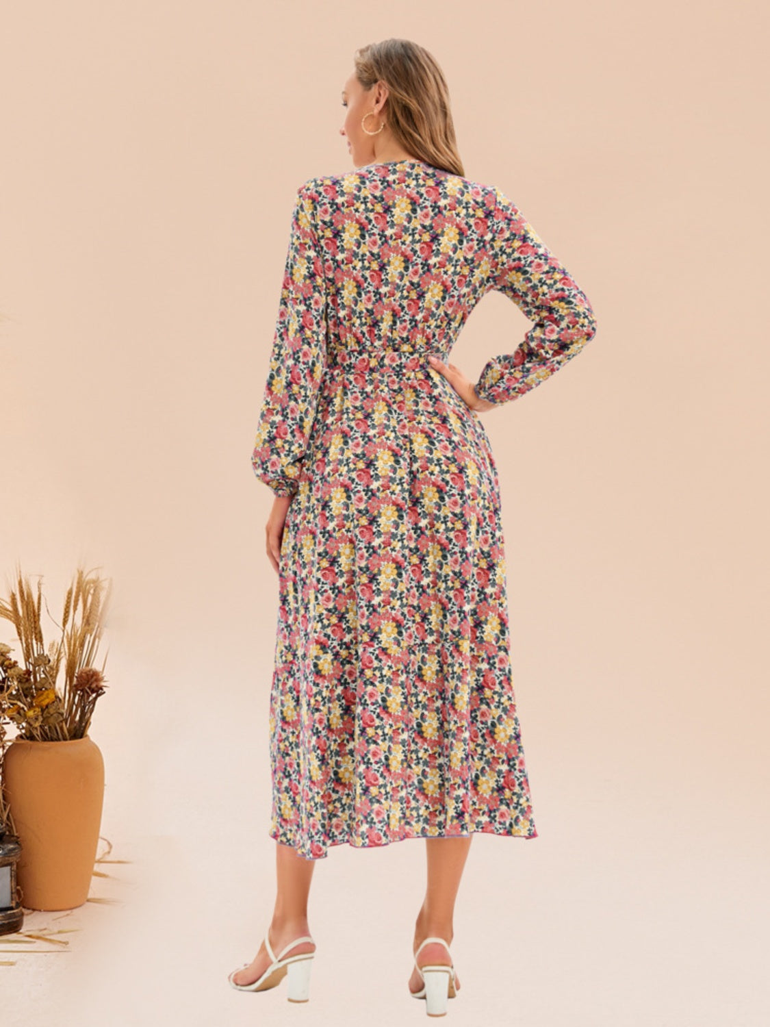 Full Size Printed Surplice Long Sleeve Dress - AllIn Computer