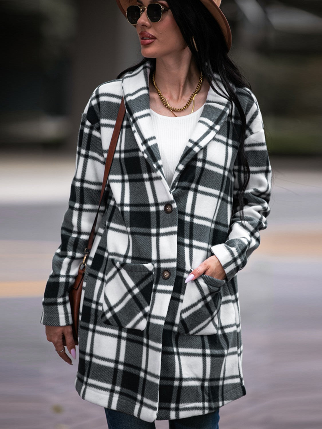 Plaid Shawl Collar Coat with Pockets - AllIn Computer