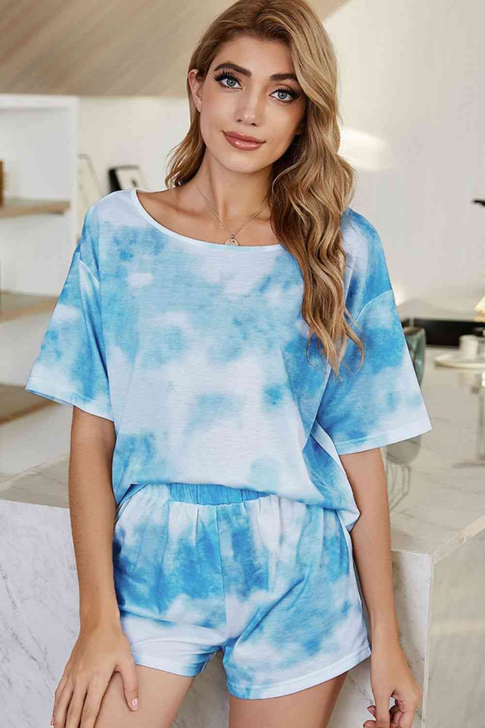 Tie-Dye Boat Neck Top and Shorts Lounge Set | CLOTHING,SHOES & ACCESSORIES | outfit sets, Romantichut, Ship From Overseas | Trendsi