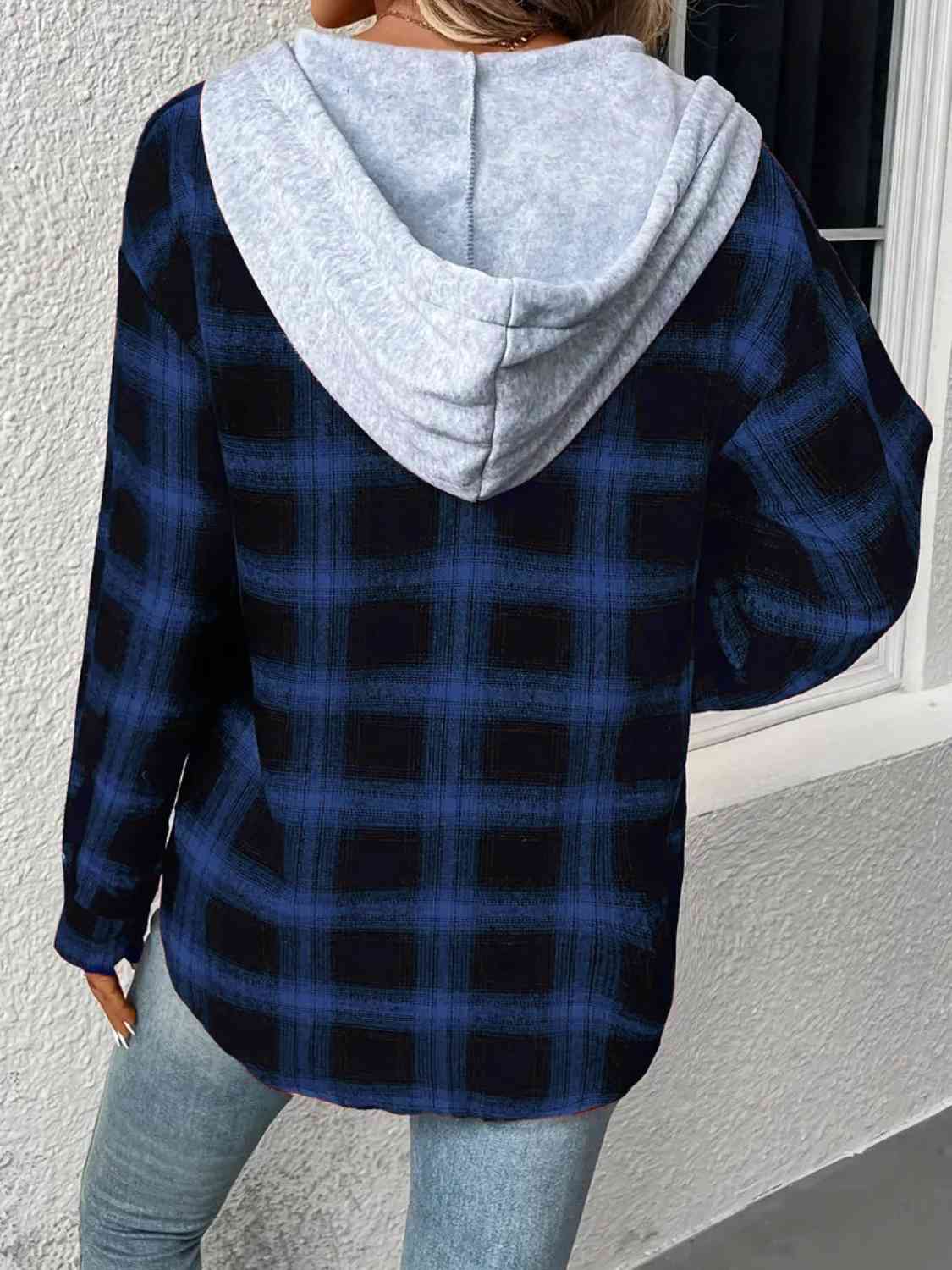 Plaid Drawstring Button Up Hooded Jacket - AllIn Computer