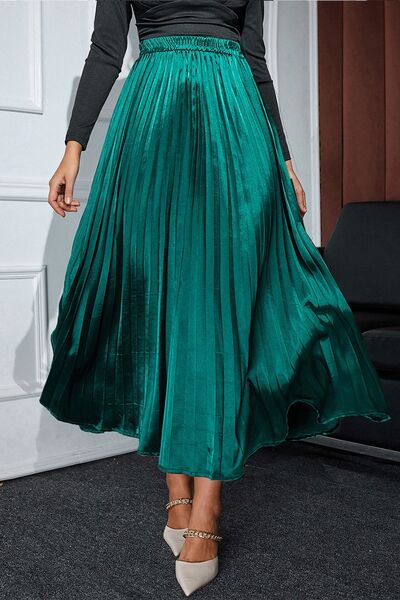 Pleated Elastic Waist Midi Skirt - AllIn Computer
