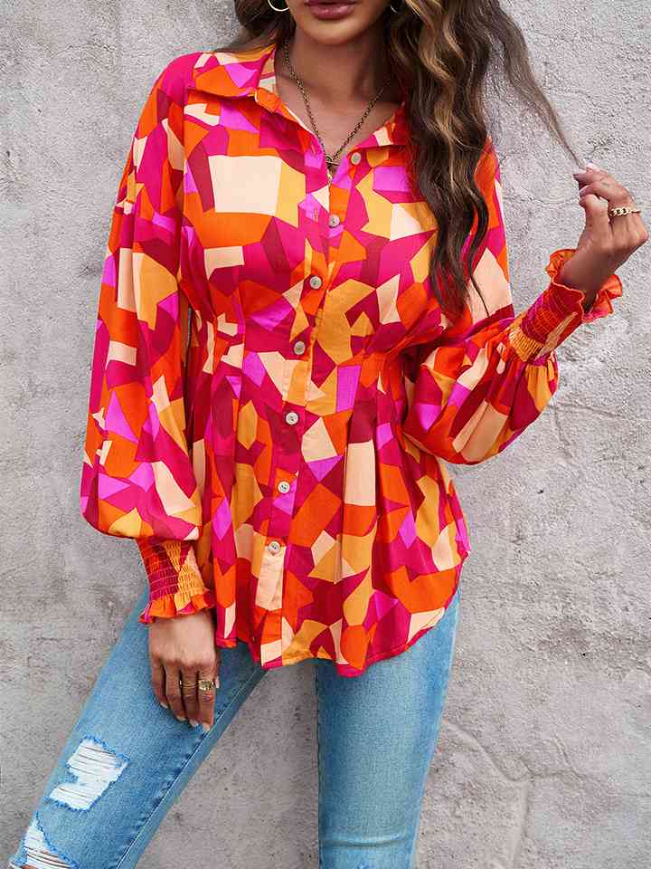 Printed Button-Up Lantern Sleeve Shirt - AllIn Computer