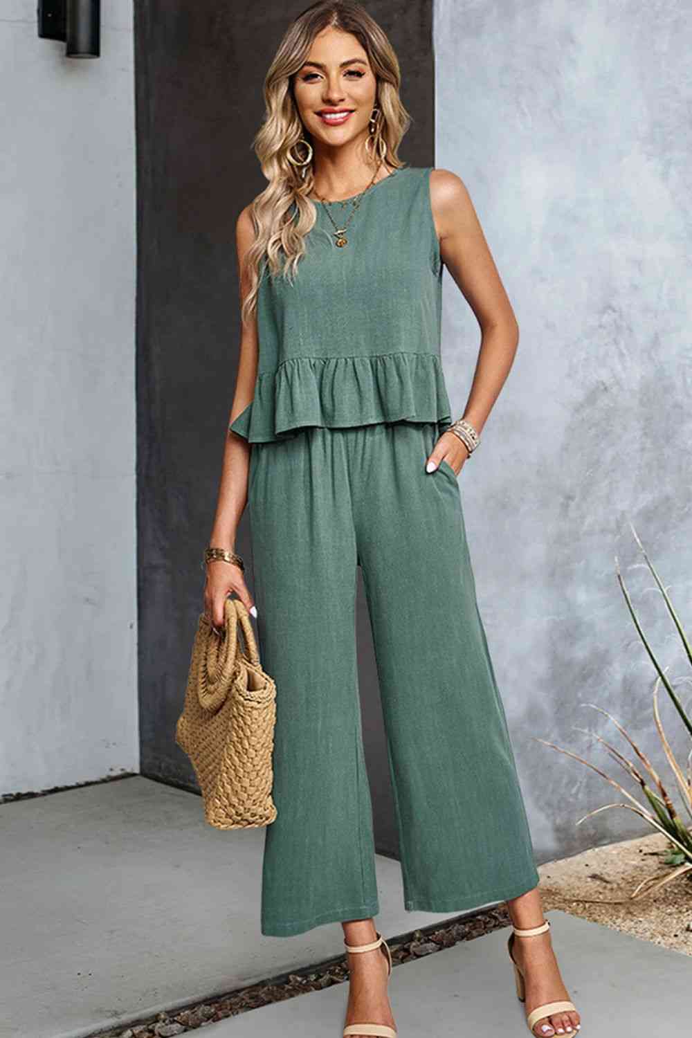 Decorative Button Ruffle Hem Tank and Pants Set | CLOTHING,SHOES & ACCESSORIES | DY, outfit sets, Ship From Overseas | Trendsi