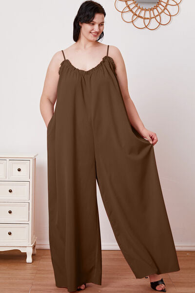 Full Size Ruffle Trim Tie Back Cami Jumpsuit with Pockets - AllIn Computer
