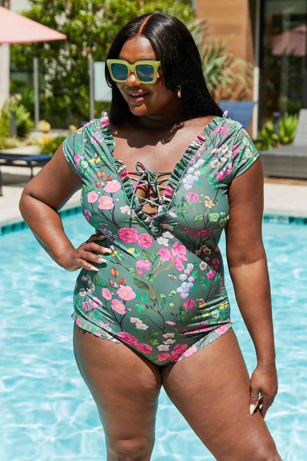 Marina West Swim Bring Me Flowers V-Neck One Piece Swimsuit In Sage - AllIn Computer