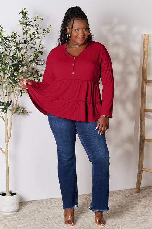 Double Take Half Button Long Sleeve Ruffle Hem Blouse - AllIn Computer