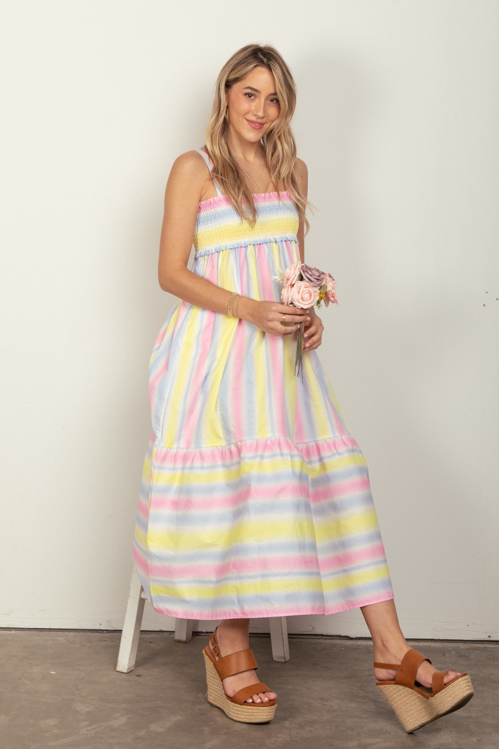 VERY J Striped Woven Smocked Midi Cami Dress - AllIn Computer