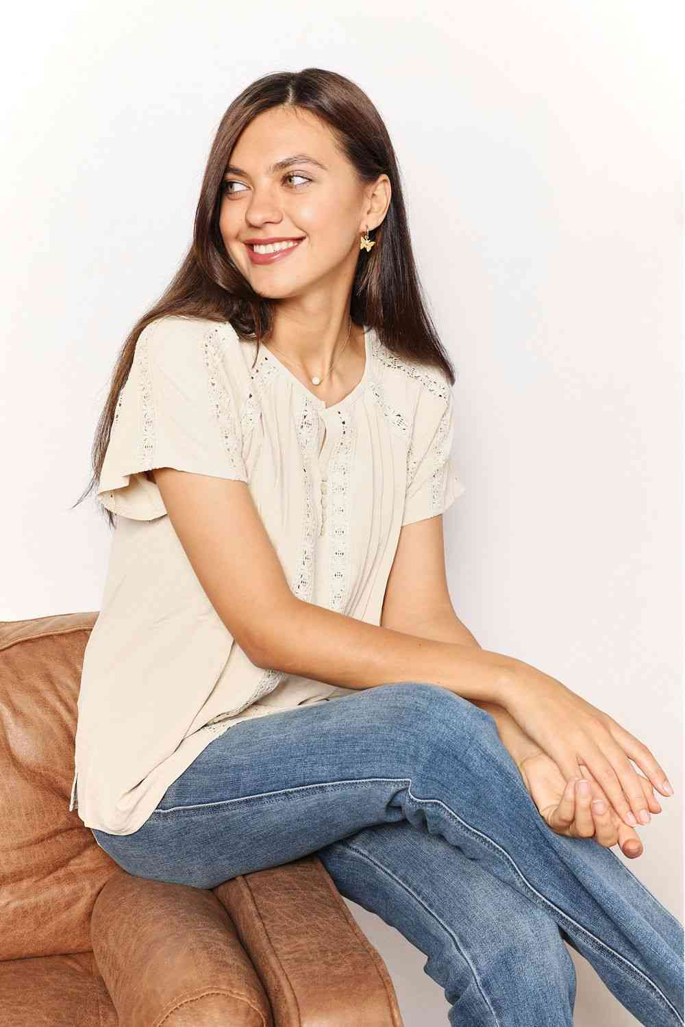 Double Take Crochet Buttoned Short Sleeves Top - AllIn Computer