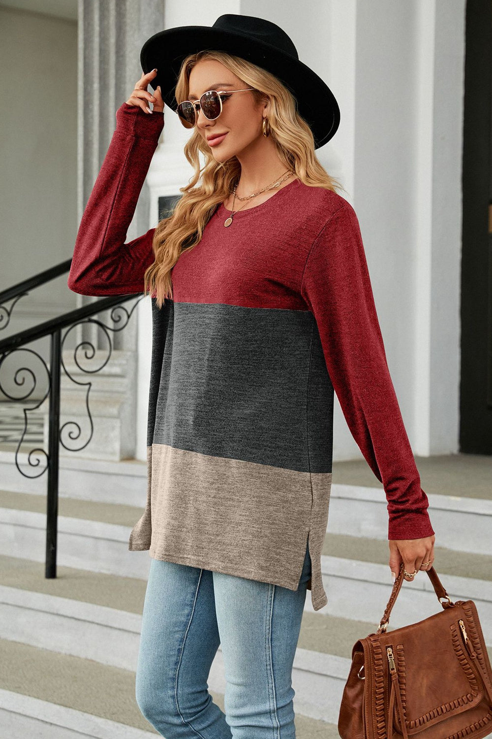 Color Block Round Neck Long Sleeve Slit T-Shirt - AllIn Computer