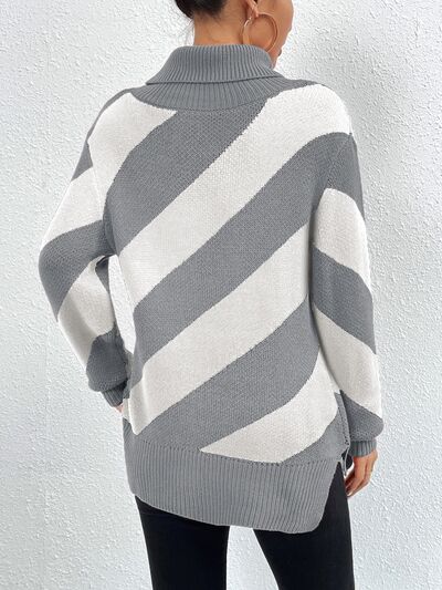 Striped Turtleneck Dropped Shoulder Sweater - AllIn Computer