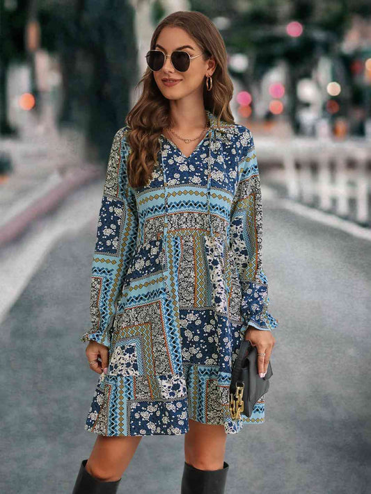 Printed Tie Front Flounce Sleeve Dress - AllIn Computer