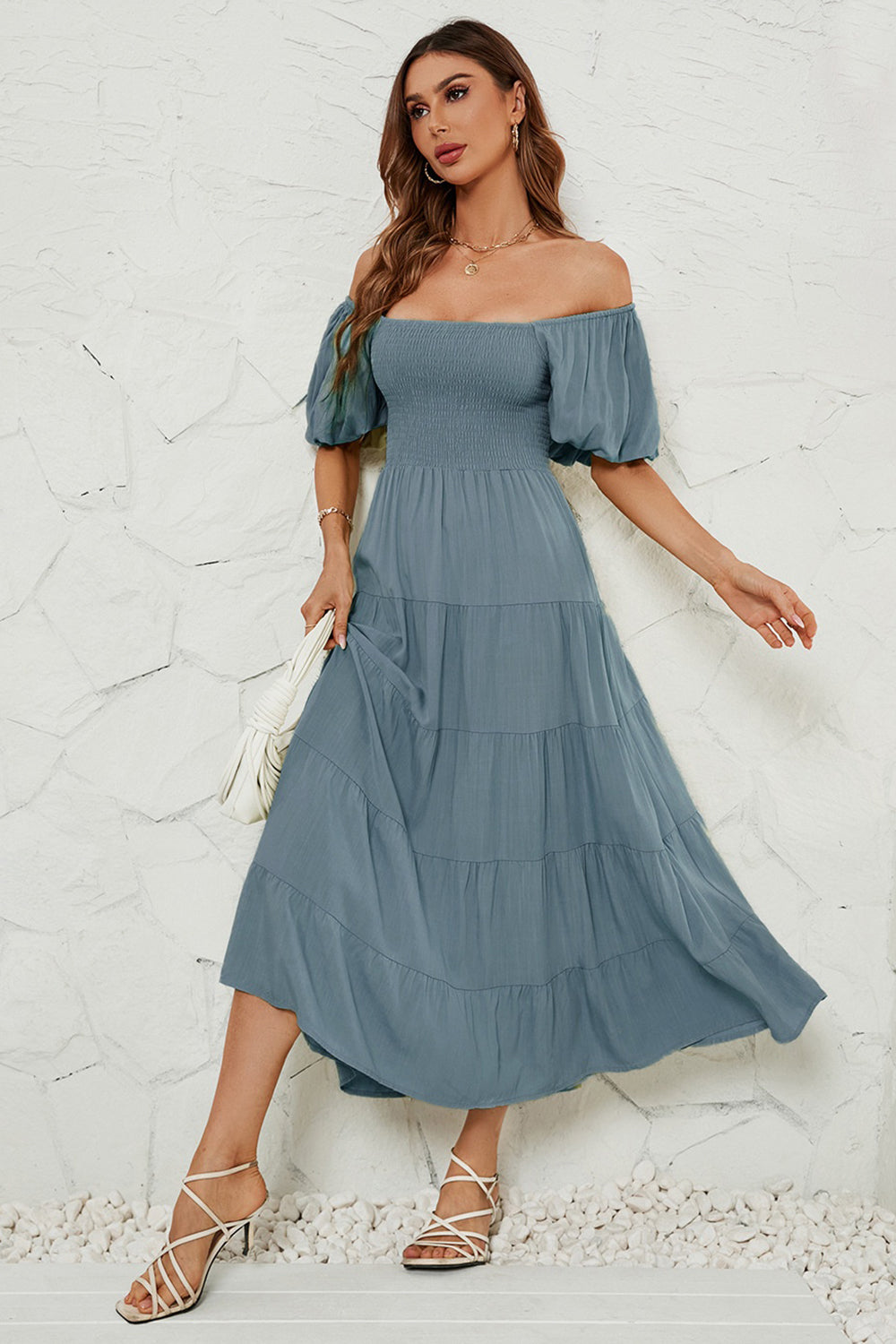 Smocked Square Neck Puff Sleeve Dress - AllIn Computer