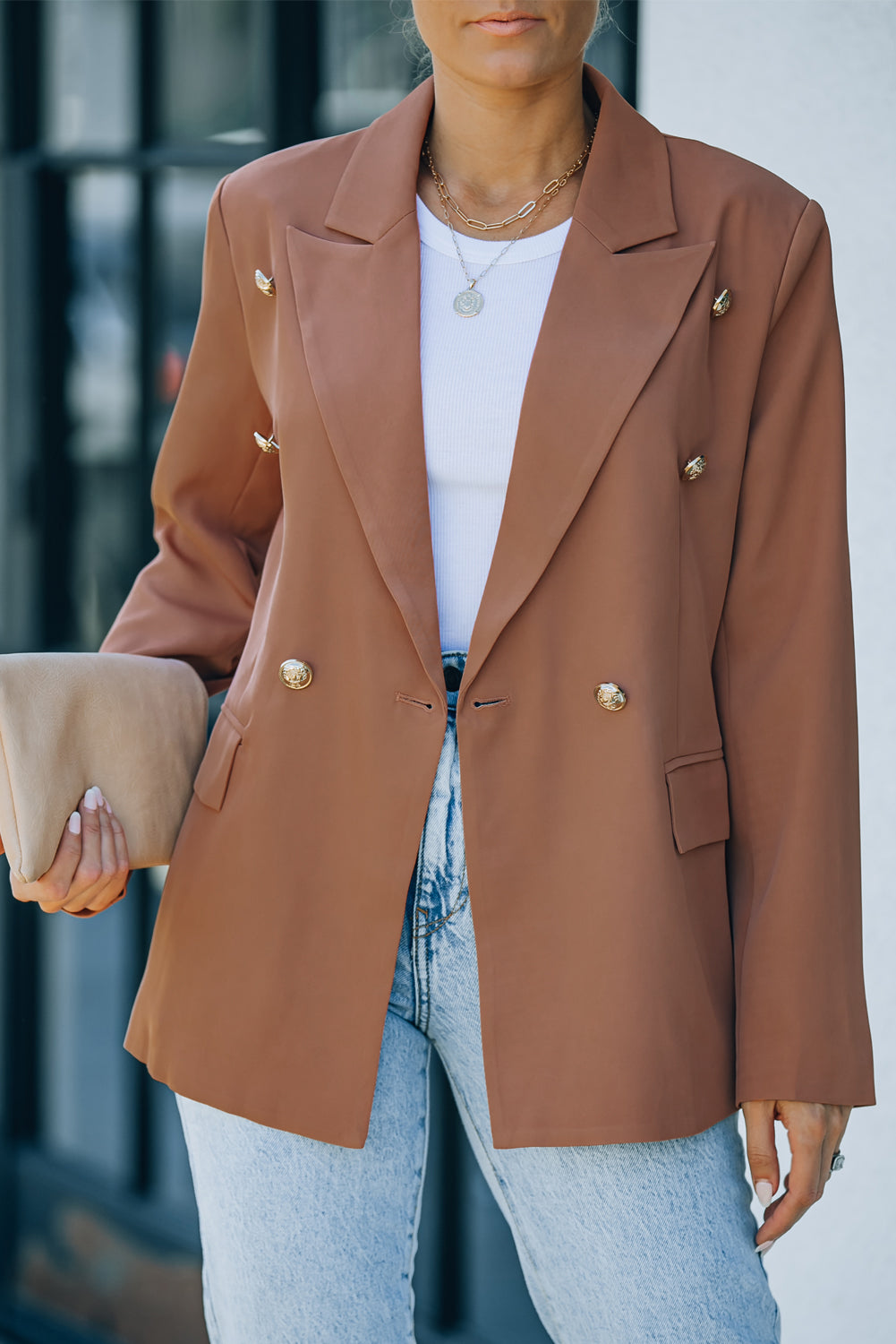 Double-Breasted Lapel Collar Long Sleeve Blazer - AllIn Computer