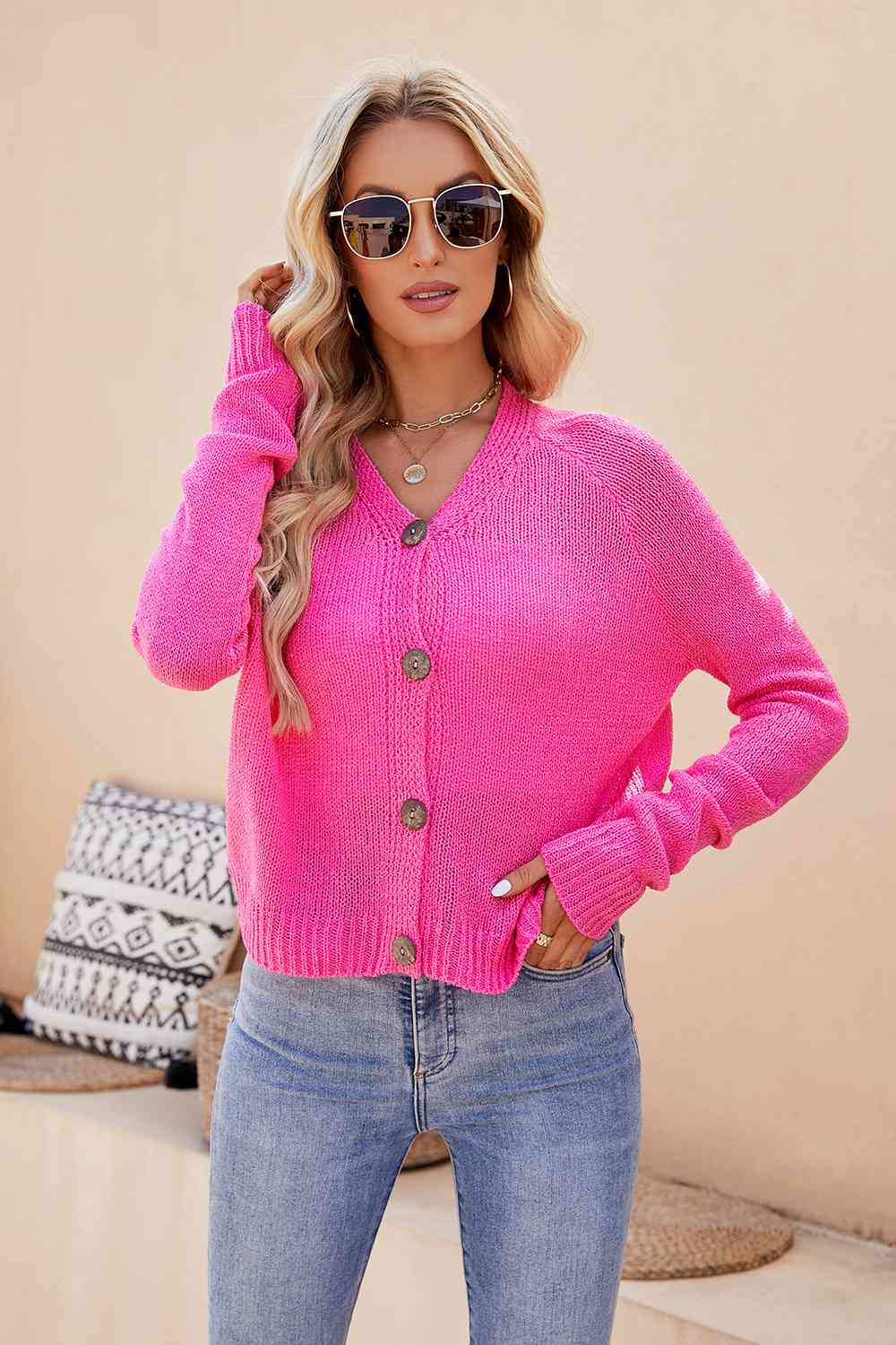 Button Up V-Neck Long Sleeve Cardigan - AllIn Computer