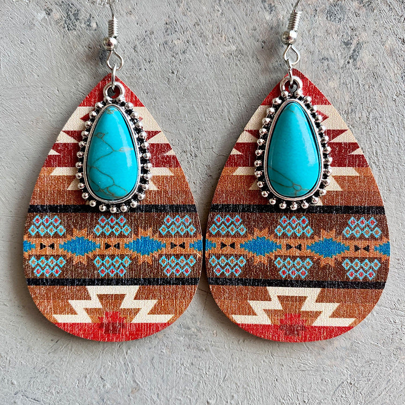 Turquoise Teardrop Shape Wooden Dangle Earrings - AllIn Computer