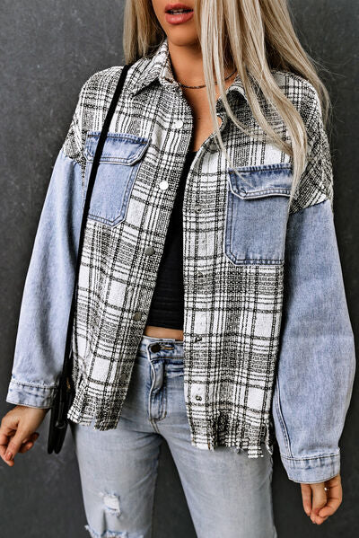 Plaid Pocketed Snap Down Denim Jacket - AllIn Computer