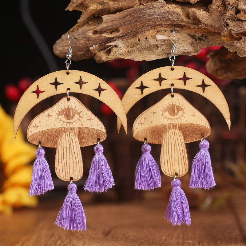 Moon & Mushroom Tassel Detail Dangle Earrings - AllIn Computer