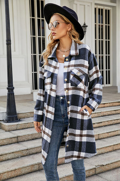 Plaid Button Up Collared Neck Coat with Pockets - AllIn Computer