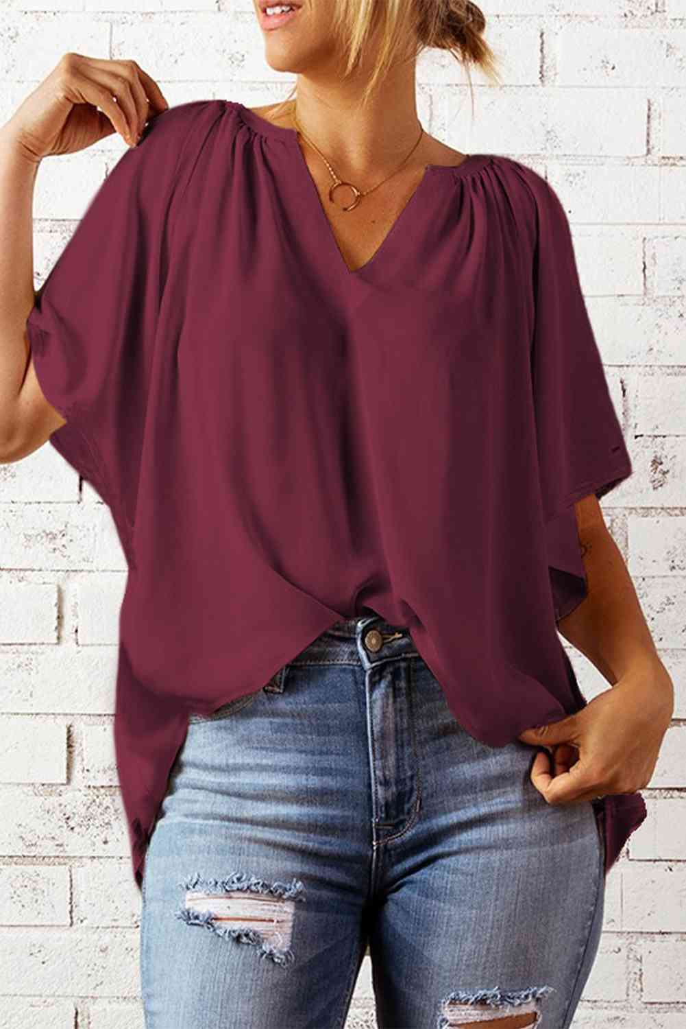 Gathered Detail Notched Neck Flutter Sleeve Top - AllIn Computer