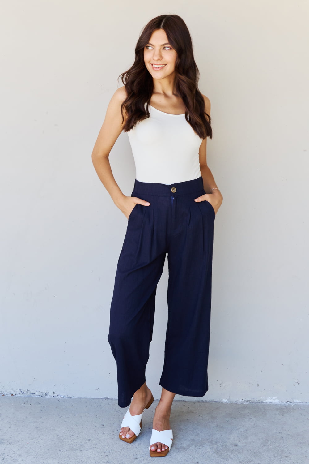 And The Why In The Mix Full Size Pleated Detail Linen Pants in Dark Navy - AllIn Computer