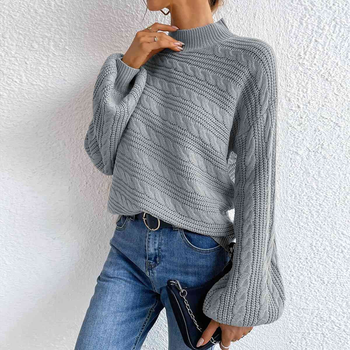 Cable-Knit Mock Neck  Long Sleeve Sweater - AllIn Computer