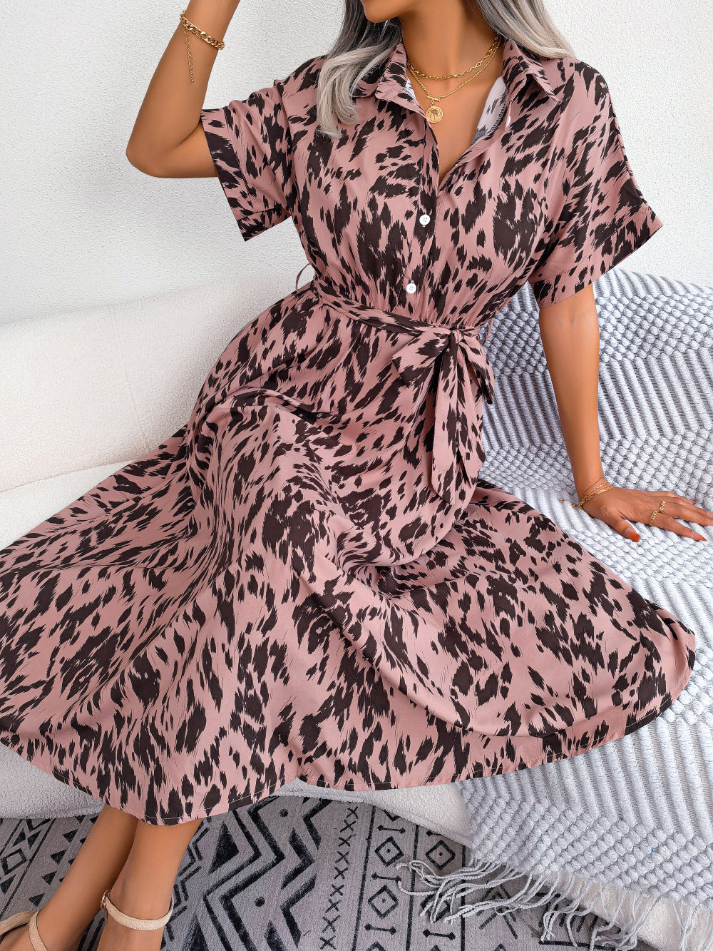 Printed Collared Neck Short Sleeve Tie Waist Dress - AllIn Computer