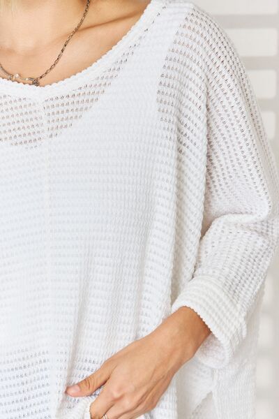 Zenana Full Size Waffle Knit V-Neck Long Sleeve Slit Top - AllIn Computer