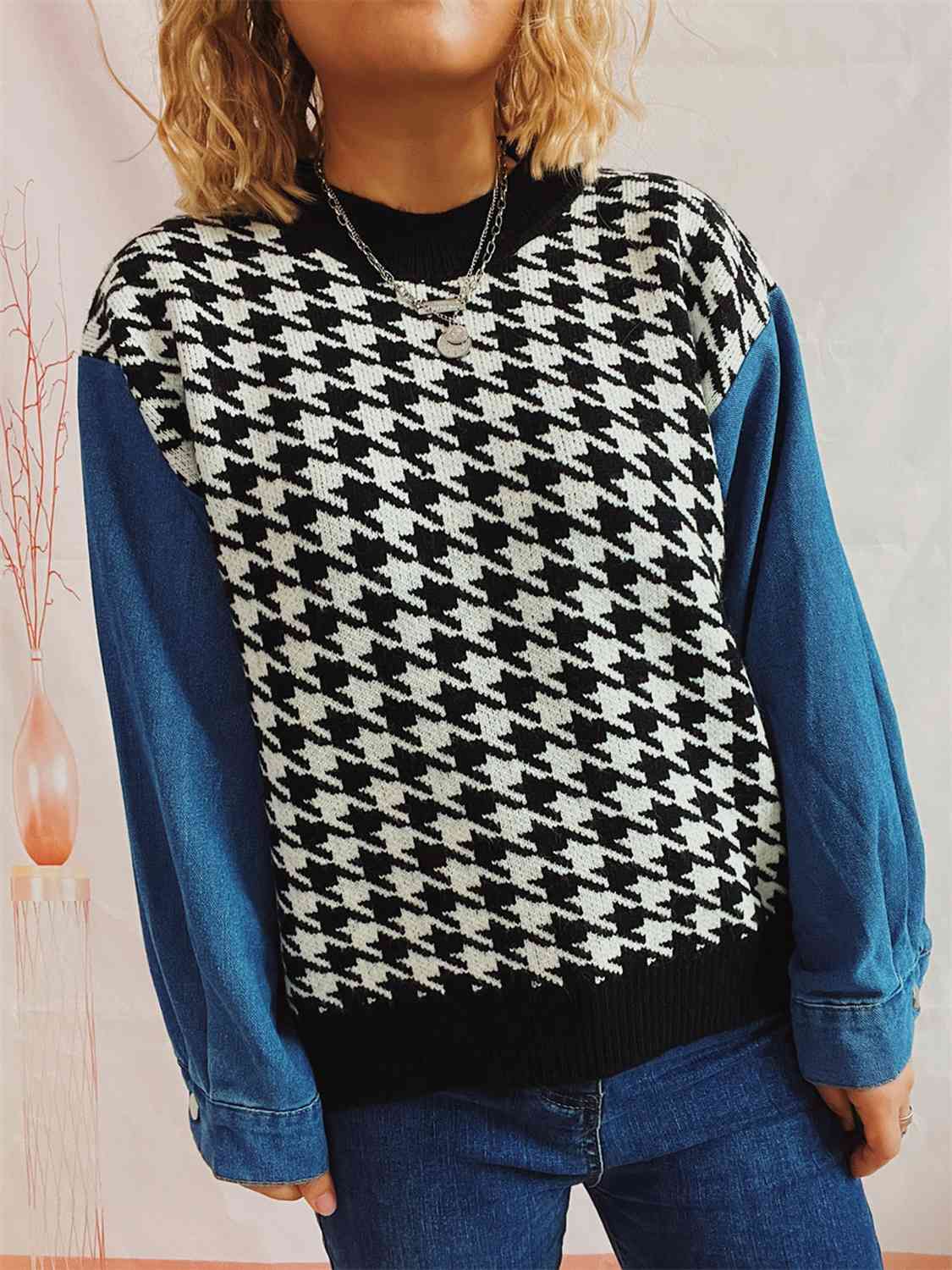 Houndstooth Denim Sleeve Sweater - AllIn Computer