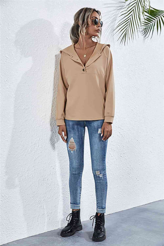 Buttoned Raglan Sleeve Hooded Blouse - AllIn Computer