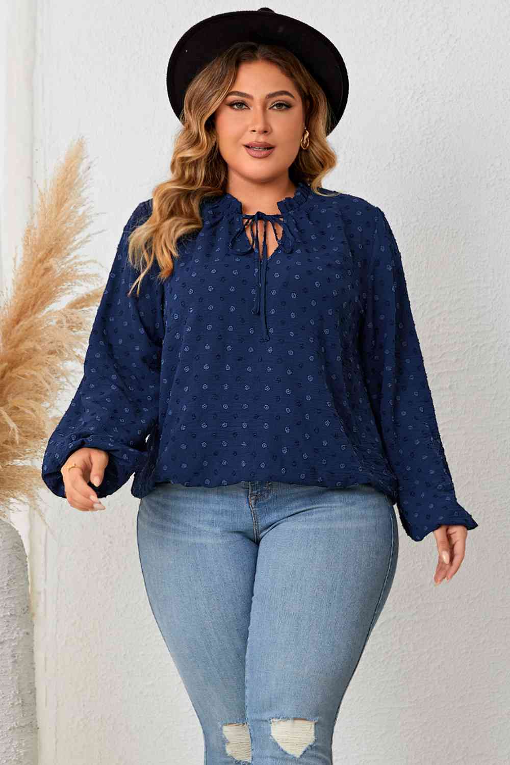 Plus Size Tie Neck Balloon Sleeve Blouse - AllIn Computer