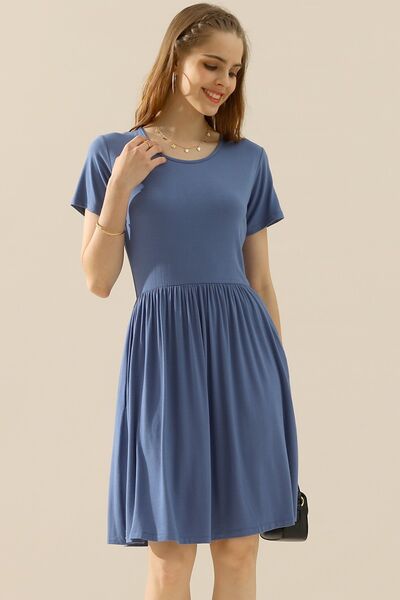 Ninexis Full Size Round Neck Ruched Dress with Pockets - AllIn Computer
