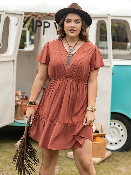 Double Take Plus Size Ruffle Hem V-Neck Short Sleeve Dress - AllIn Computer