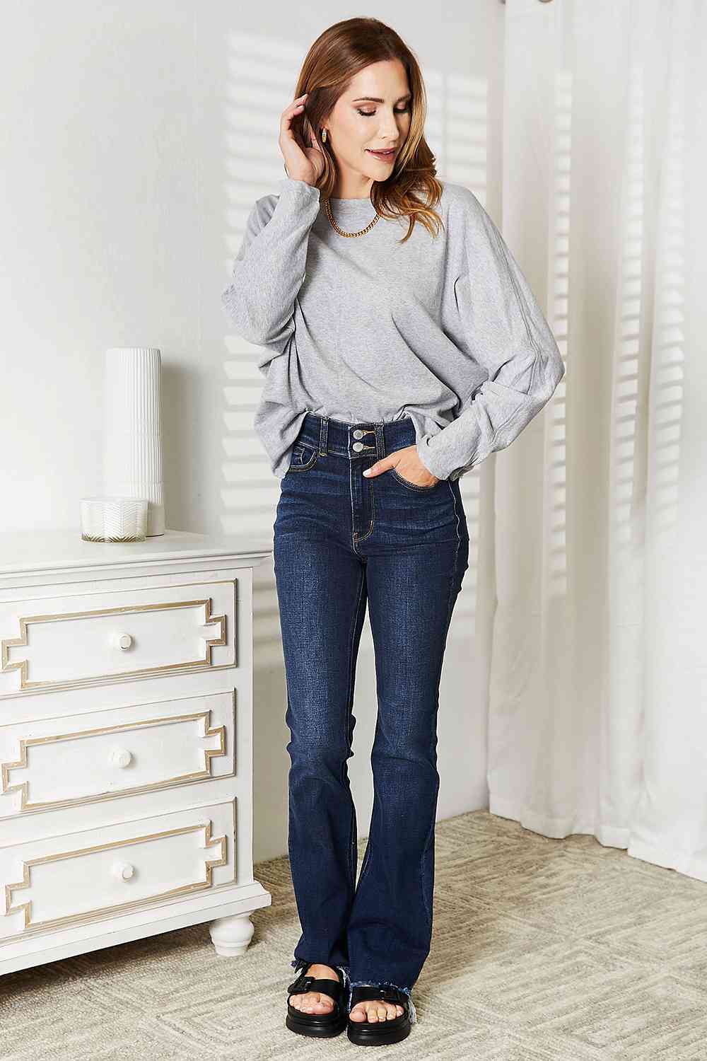 Double Take Seam Detail Round Neck Long Sleeve Top - AllIn Computer