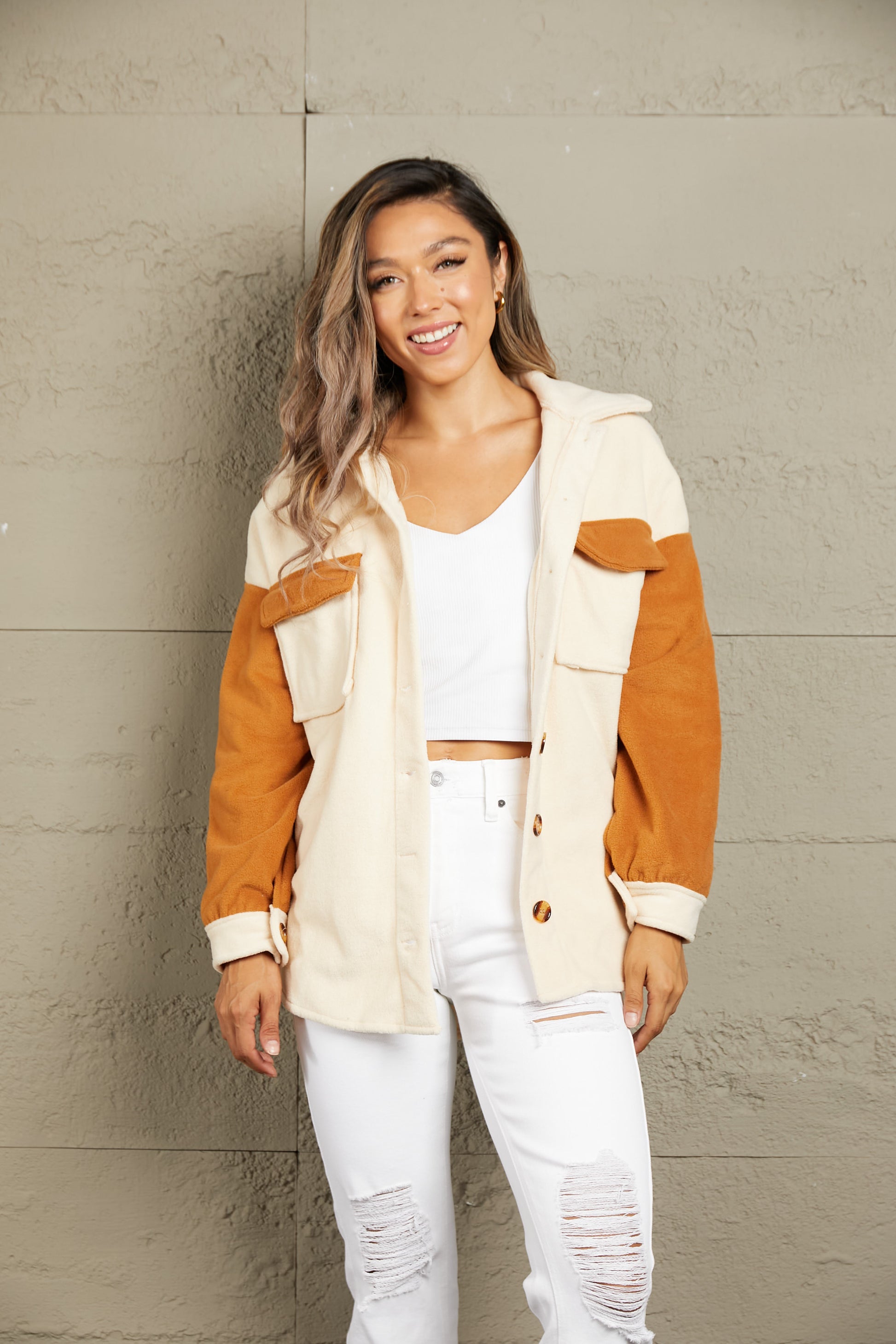 Double Take Contrast Button-Up Fleece Jacket - AllIn Computer