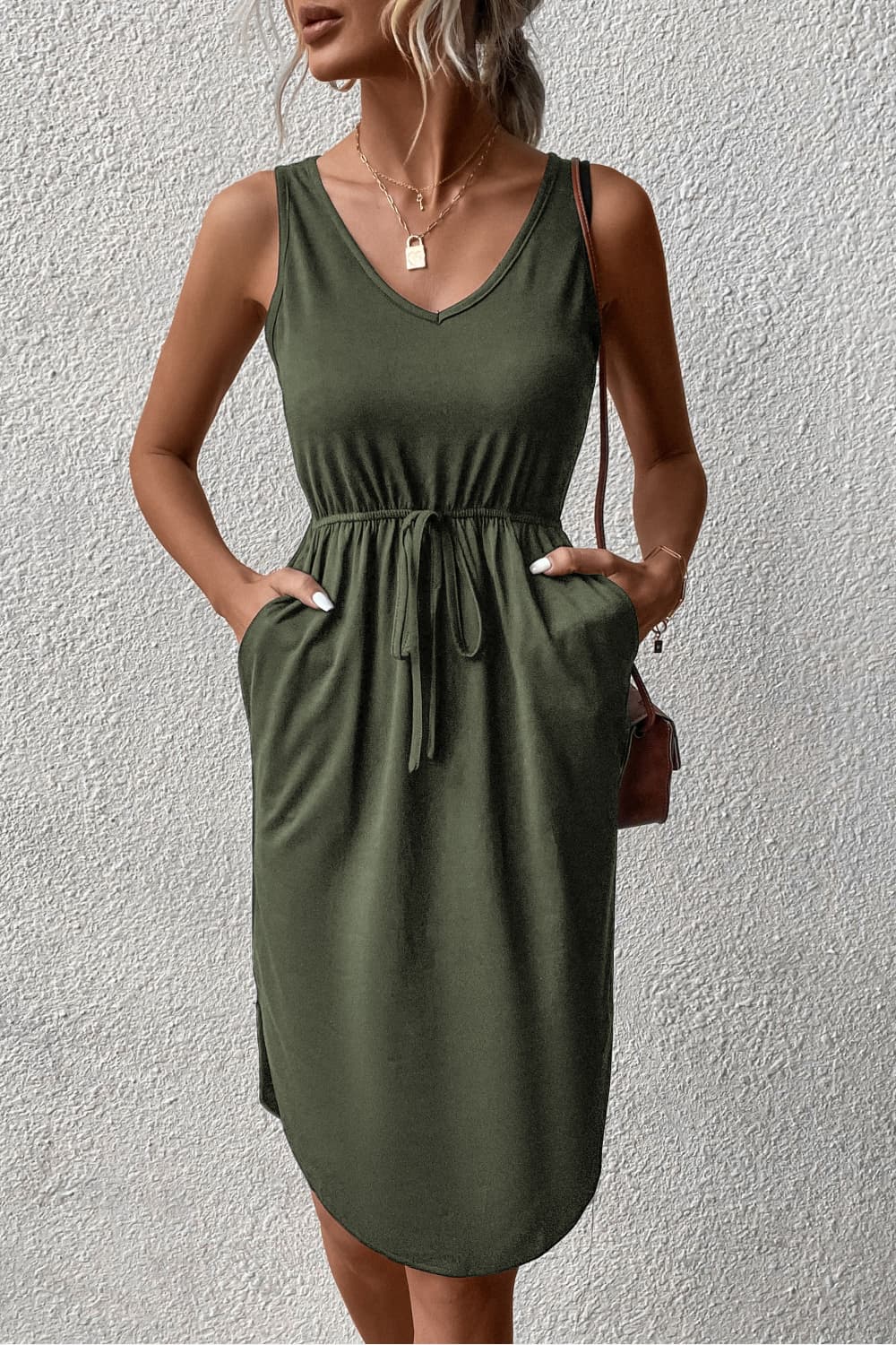 V-Neck Curved Hem Sleeveless Dress - AllIn Computer