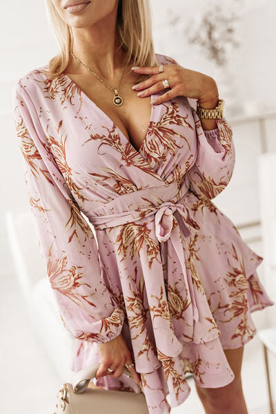 Printed Surplice Balloon Sleeve Mini Dress - AllIn Computer