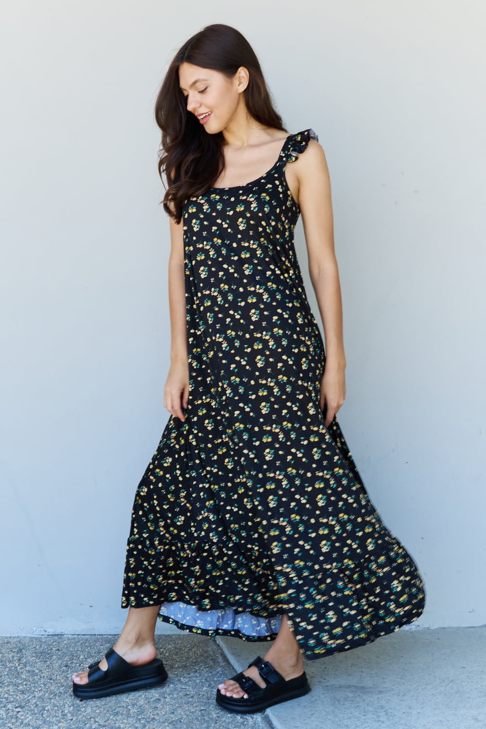 Doublju In The Garden Ruffle Floral Maxi Dress in  Black Yellow Floral - AllIn Computer