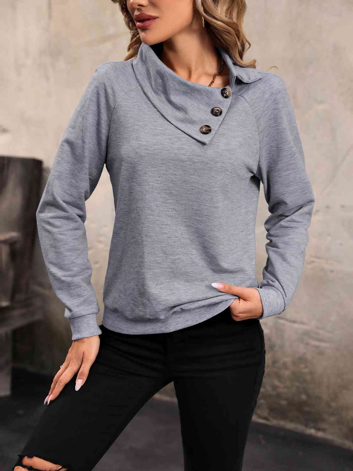 Mock Neck Raglan Sleeve Buttoned Sweatshirt - AllIn Computer