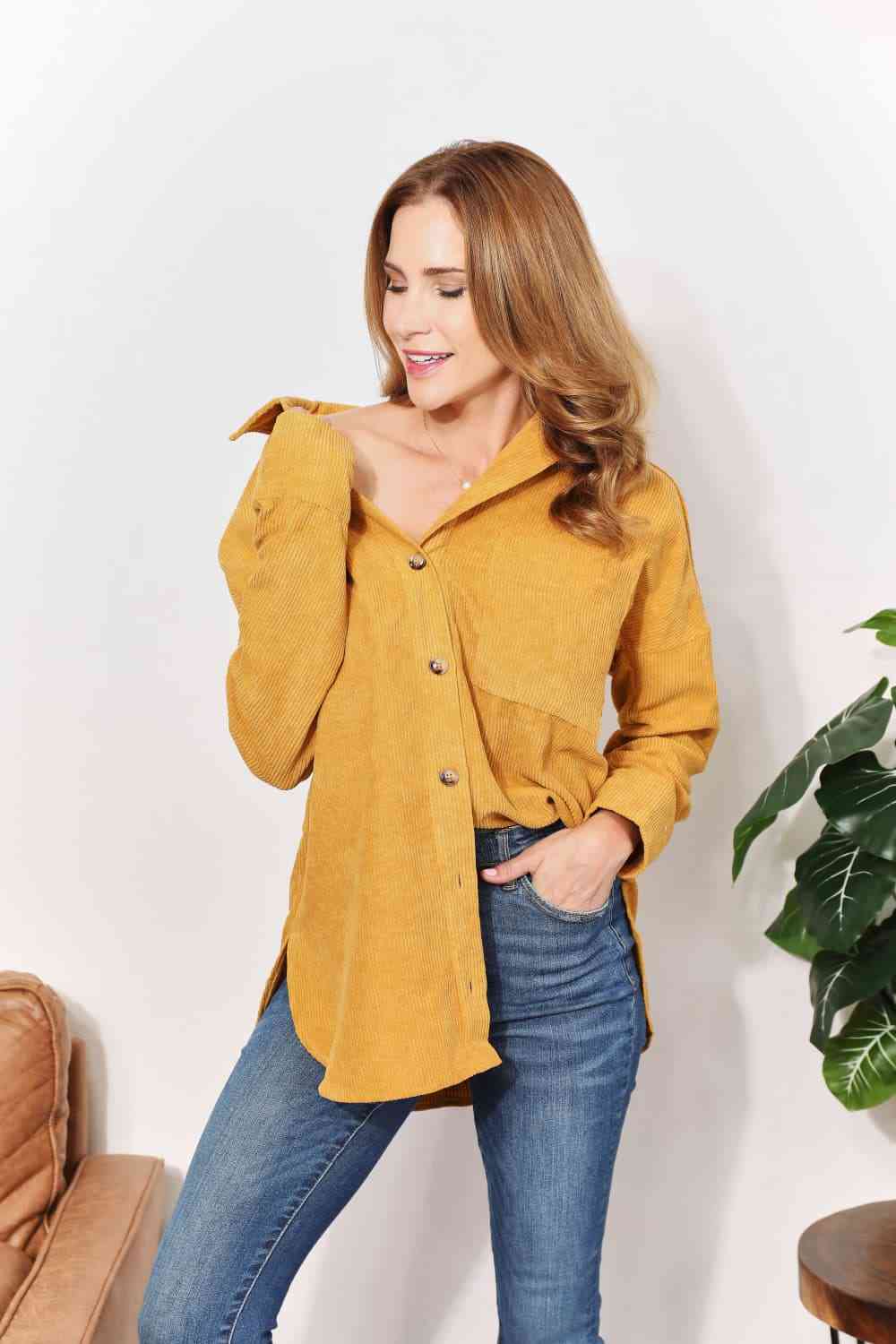 HEYSON Full Size Oversized Corduroy  Button-Down Tunic Shirt with Bust Pocket - AllIn Computer