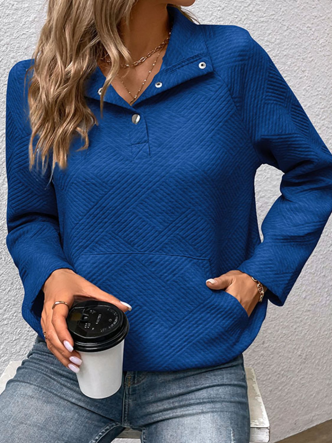 Raglan Sleeve Collared Neck Sweatshirt with Pocket - AllIn Computer