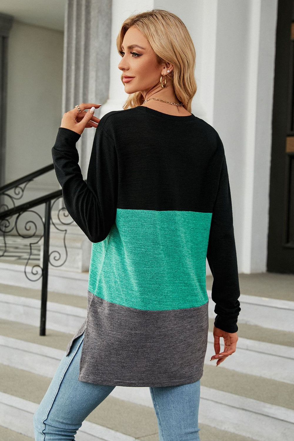 Color Block Round Neck Long Sleeve Slit T-Shirt - AllIn Computer