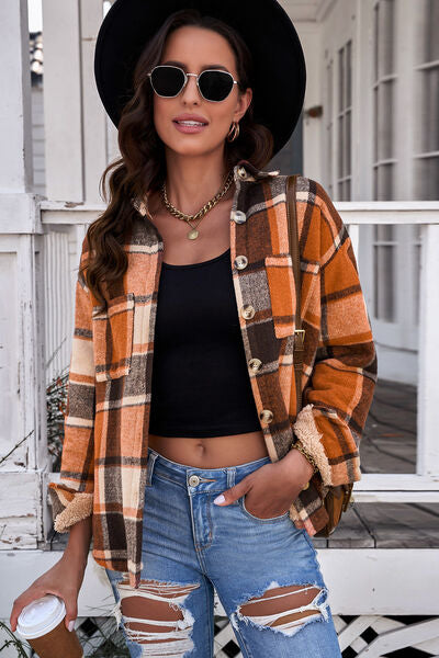 Plaid Pocketed Button Up Jacket - AllIn Computer