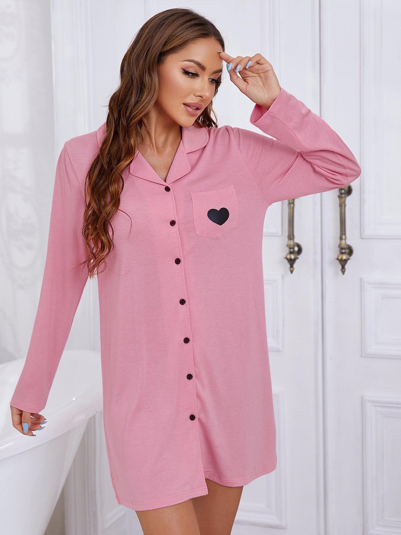 Heart Graphic Lapel Collar Long Sleeve Night Dress - AllIn Computer