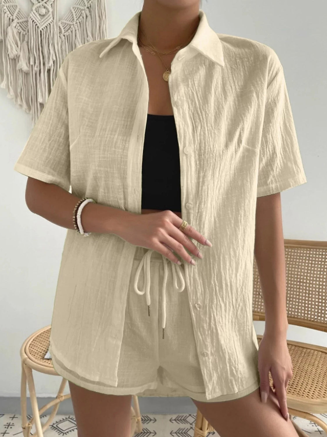 Button Up Short Sleeve Shirt and Drawstring Shorts Set - AllIn Computer