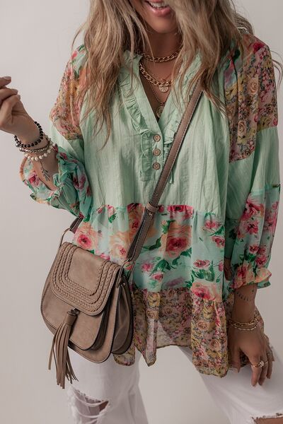 Floral Frill Trim Buttoned Notched Tiered Blouse - AllIn Computer
