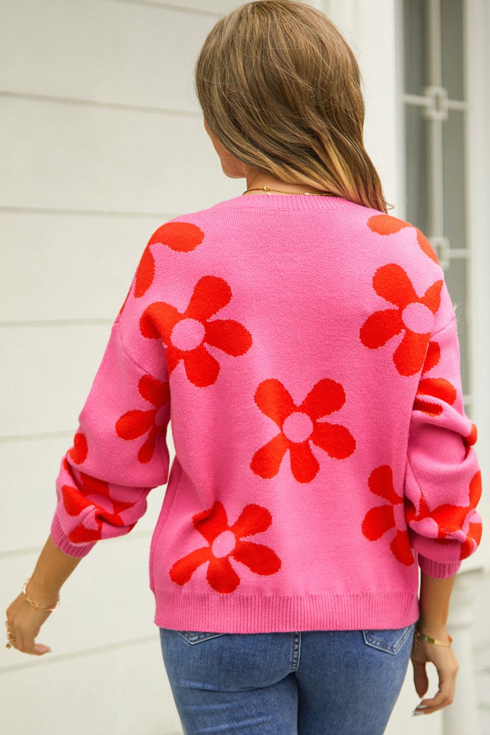 Floral Print Round Neck Dropped Shoulder Pullover Sweater - AllIn Computer