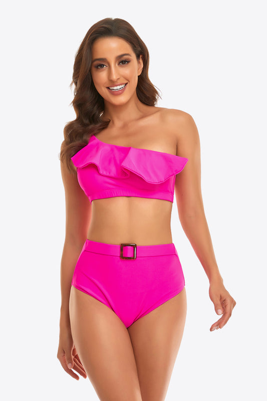 Ruffled One-Shoulder Buckled Bikini Set - AllIn Computer
