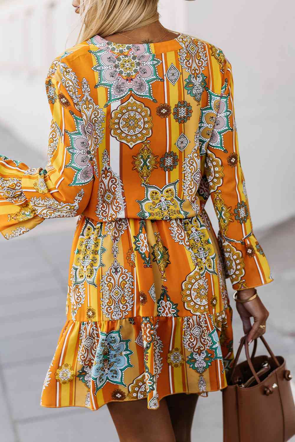 Printed Notched Neck Flounce Sleeve Dress - AllIn Computer